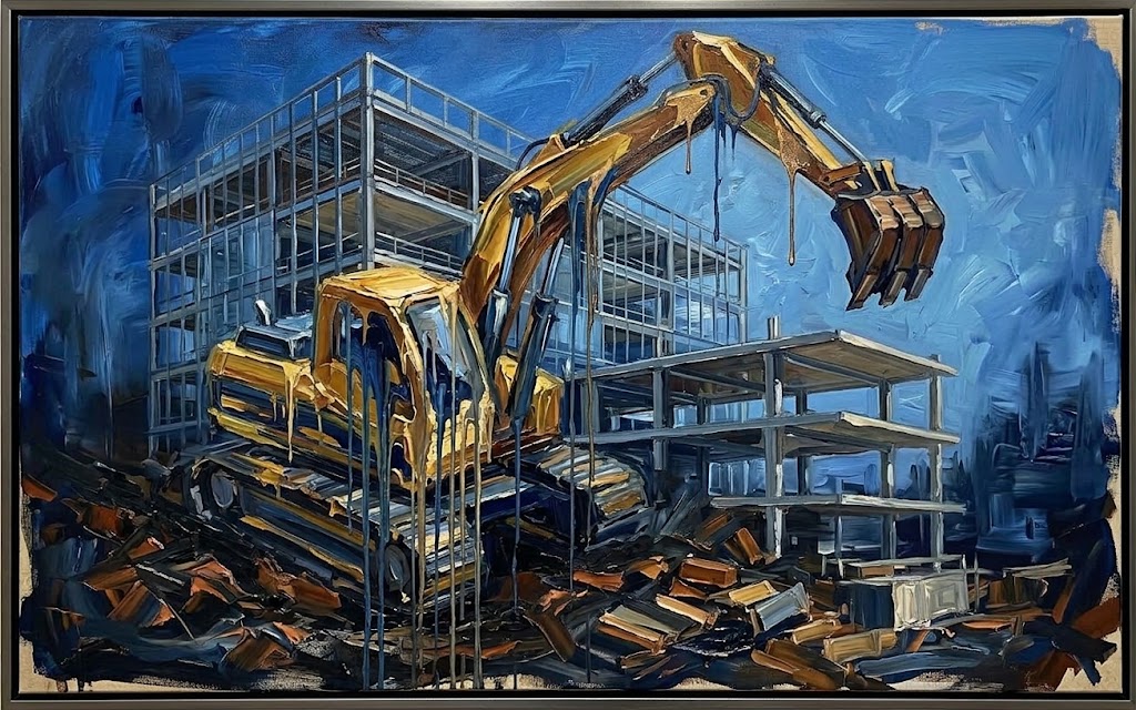 An excavator working on a steel-framed building under construction